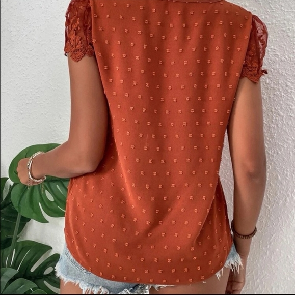Rust Brown Swiss Dot Lace Trim Blouse - Picture 3 of 3